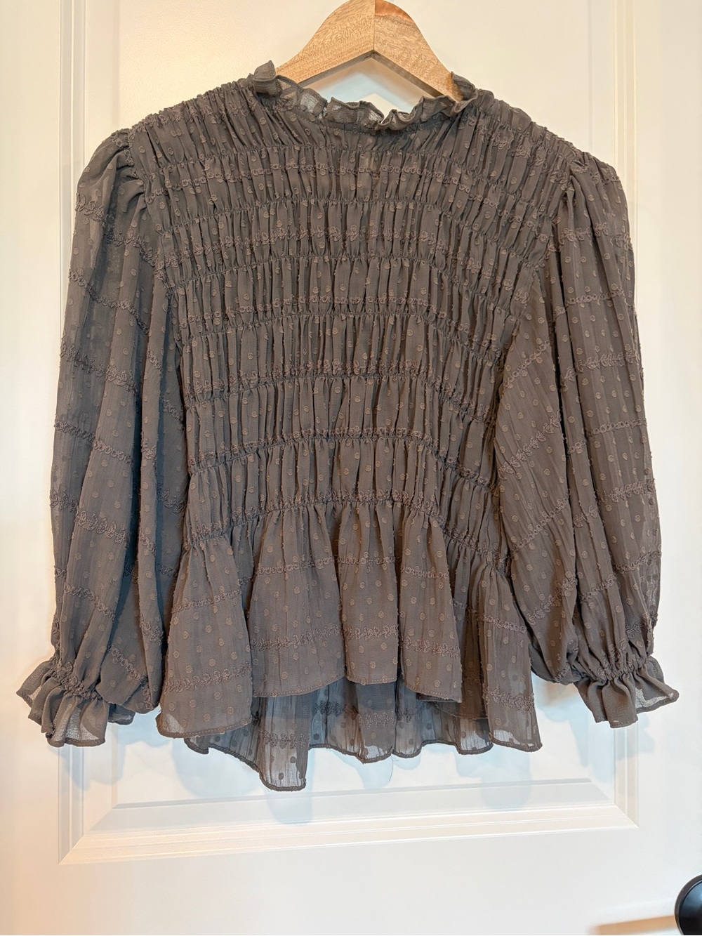 Free People Grey Smocked Long Sleeve Swiss Dot Blouse Top Peplum XS